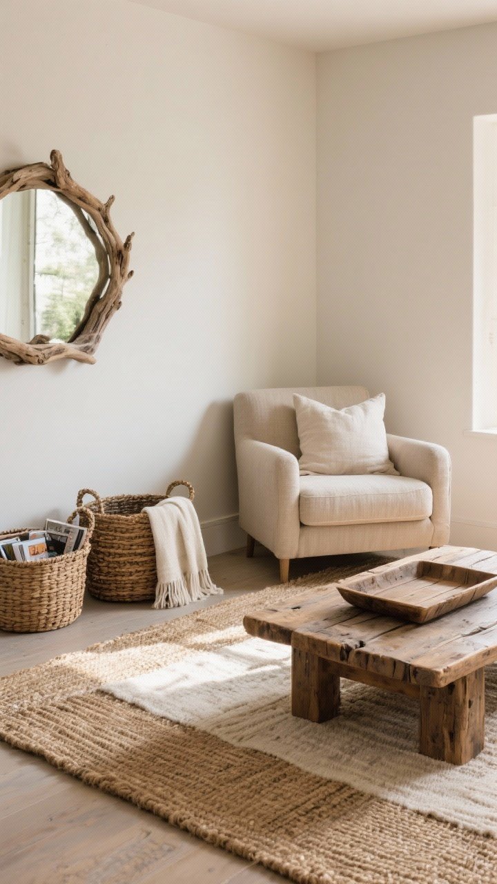 Medium corner shot focused on layered textures: a large jute or sisal rug as the base with a soft cotton rug layered on top; woven baskets used for blanket and magazine storage near a low reclaimed wood coffee table; a driftwood-style mirror on the wall and a reclaimed wood tray on the table; linen cushions on a neutral armchair; warm natural daylight to highlight fiber textures; angle from the room’s corner to emphasize depth; photorealistic detail of tactile materials.