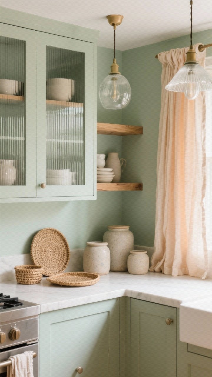 Medium detail shot: A styled corner of a pastel kitchen layering textures—sage-painted wall, ribbed glass cabinet doors revealing matte ceramics inside, and floating oak shelves holding linen café curtains in pale apricot folded nearby, stoneware canisters, woven trays, and frosted glass pendant lights overhead. Surfaces mix matte and soft sheen to avoid an overly glossy look. Corner angle, warm natural light, photorealistic.