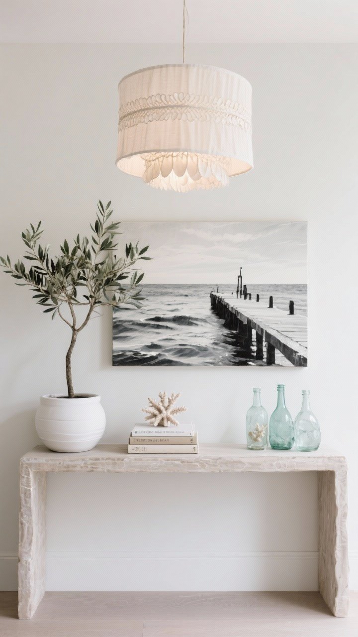 Medium detail vignette: A console styled with coastal art and accents—abstract seascape and a black-and-white pier photo layered against the wall, capiz chandelier or linen drum shade overhead for airy glow, a white planter with a slender olive tree, and stacked coastal books with a coral-inspired objet and sea-glass-toned bottles; negative space intentionally left around items; soft natural light, photorealistic.