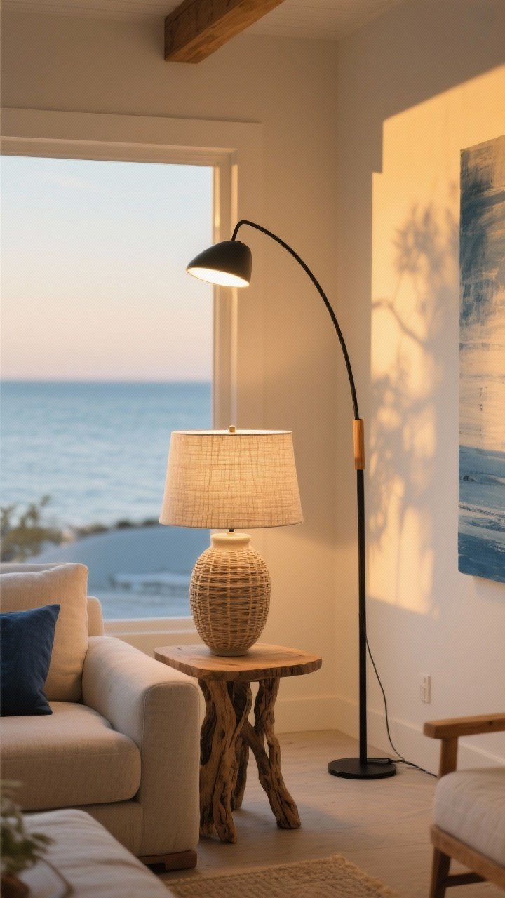 Medium living room vignette emphasizing golden-hour lighting: warm, soft layered light with a linen or rattan–shaded table lamp on a side table (ceramic or driftwood-style base), a slim black metal or wood arc floor lamp adding height, and overall ambient glow as if late afternoon by the water; warm white LED bulb temperature (2700–3000K) visible in the tone; dim overheads avoided; neutral coastal palette with subtle blue accents in the background; angled perspective from the room corner, photorealistic.