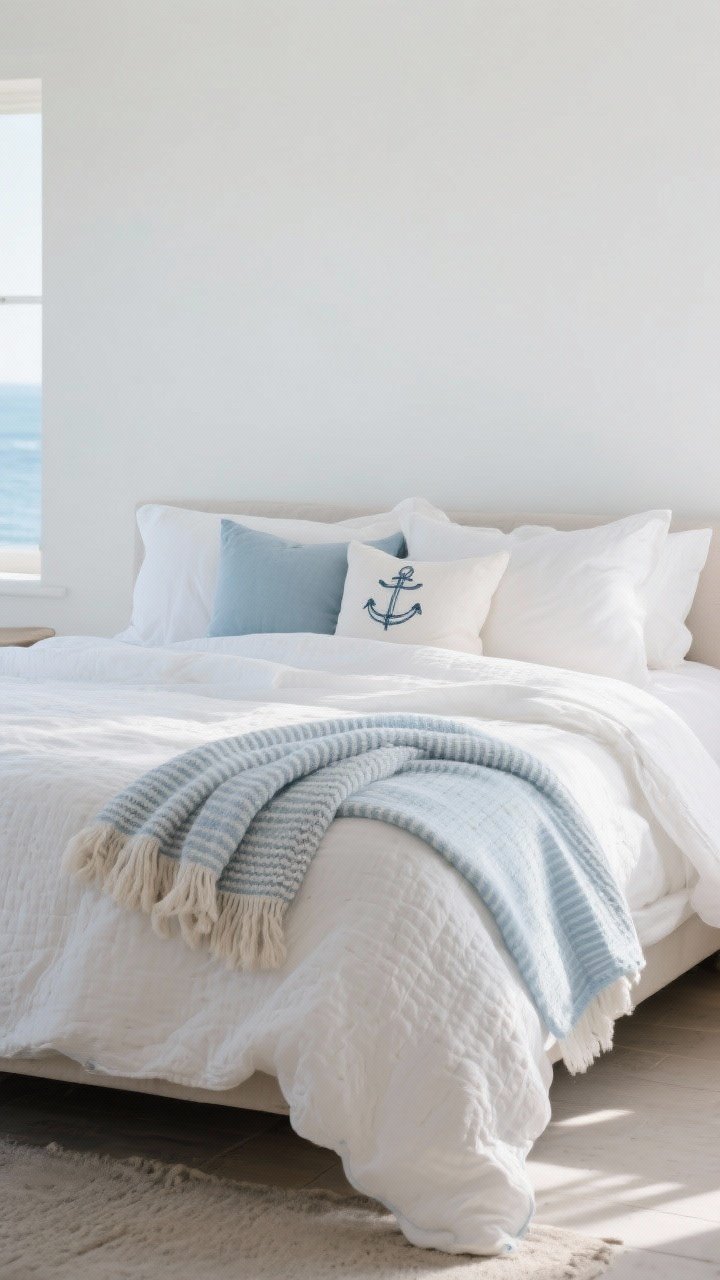 Medium shot: A cloud-like bed dressed in lightweight, layered bedding—crisp white sheets, a thin textured quilt in soft blue, a striped or waffle-knit throw folded at the foot, and a small mix of pillows in solids with one subtle nautical motif; breathable fabrics like pre-washed cotton and linen; soft morning natural light gives a breezy, sea-breeze mood; stonewashed duvet cover look for an easy, relaxed finish.