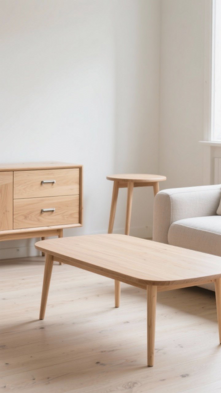 Medium shot: A corner of a Scandinavian living room showcasing light wood and simple lines—a refinished birch or ash coffee table with a natural matte finish, slim-leg furniture that keeps the floor visible, and a compact oak sideboard with minimal brushed metal pulls. Include a small light-wood side table as a focal accent. Neutral backdrop, airy spacing, and visible grain that bounces light. Shot from a slight corner angle, bright daytime illumination.