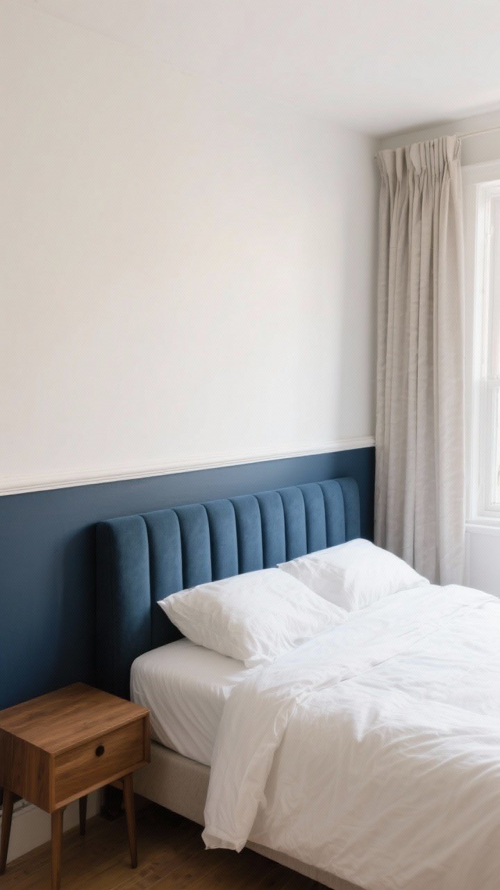 Medium shot: A half-painted bedroom wall with the bottom third in rich navy and the top two-thirds in soft warm white, separated by a simple painted chair rail; a long upholstered headboard overlaps the color break, layered curtains soften the transition; clean rental-friendly look with balanced proportions, natural daylight from the side keeping the room bright, simple white bedding and a small wooden nightstand to keep depth without overwhelming.