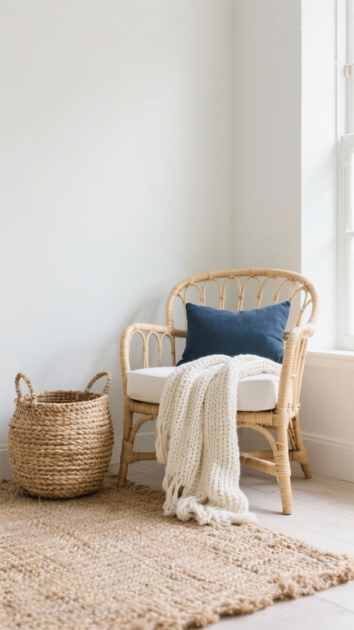 Medium shot: A layered coastal seating nook mixing textures—light rattan or cane accent chair beside a woven seagrass basket, a jute rug grounding the space, and an ivory chunky knit throw draped over the chair; pale neutral walls and a hint of navy in a small cushion to tie to the foundation; soft, airy daylight for a relaxed, unfussy vibe; photorealistic.