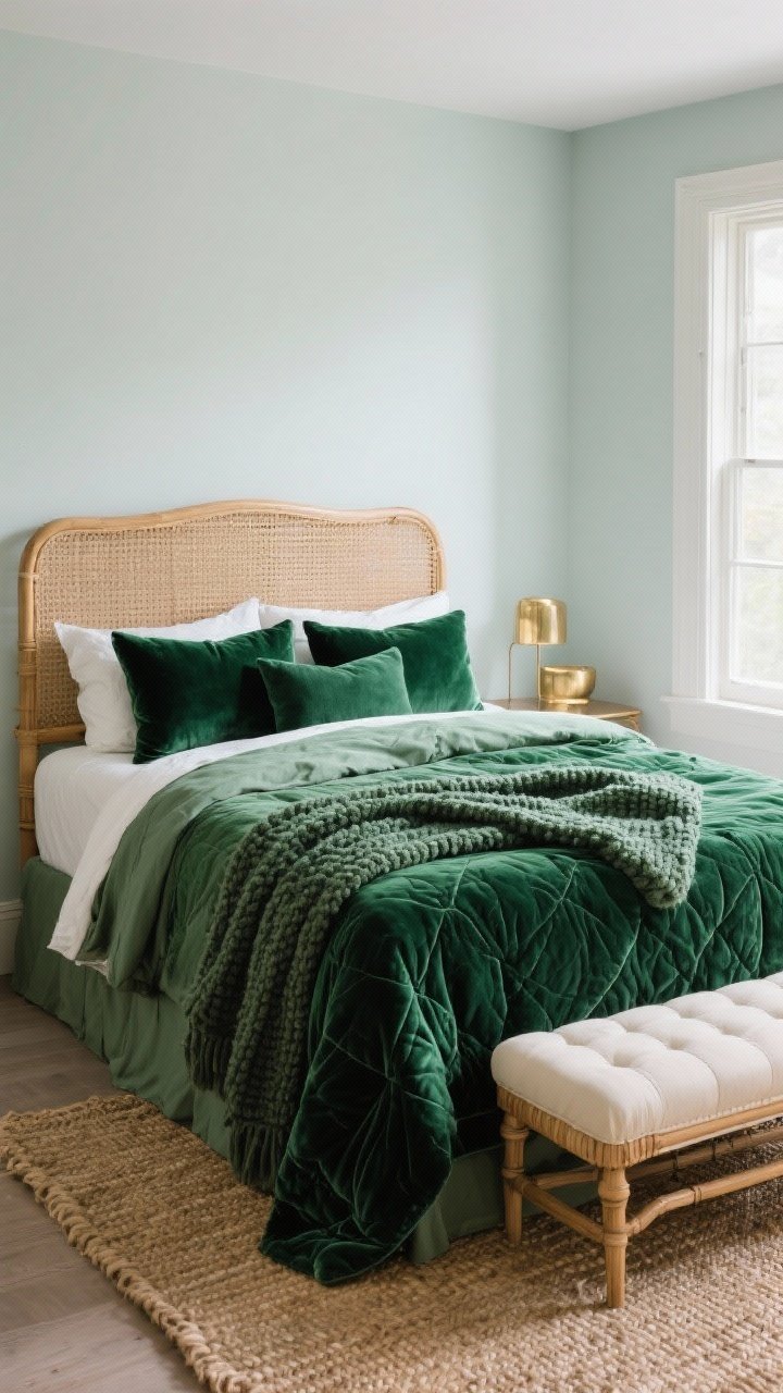 Medium shot: A layered green bed vignette emphasizing texture—a deep emerald velvet quilt and velvet pillows, sage linen duvet and shams, a chunky knit bouclé throw draped casually; a cane headboard and rattan bench at the foot, jute rug underfoot; brass accents and cream tones warming a cool north-facing room. Photorealistic, slight corner angle, soft diffused north light highlighting fabric textures.