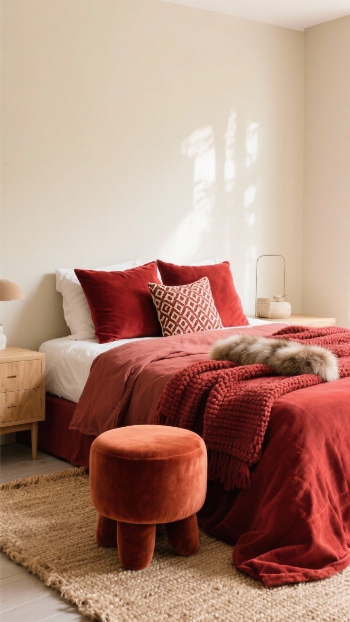 Medium shot: A layered, tonal red bedscape against neutral cream walls, natural jute rug and light oak furniture. Include 2–3 reds in the same family: a cherry throw, brick-toned pillows, and a rust velvet stool at the foot of the bed. Mix textures—linen duvet, velvet pillows, chunky knit and faux fur accent. Keep patterns cohesive: small-scale geometric patterned pillow with mostly solids. Soft afternoon light, calm and curated.
