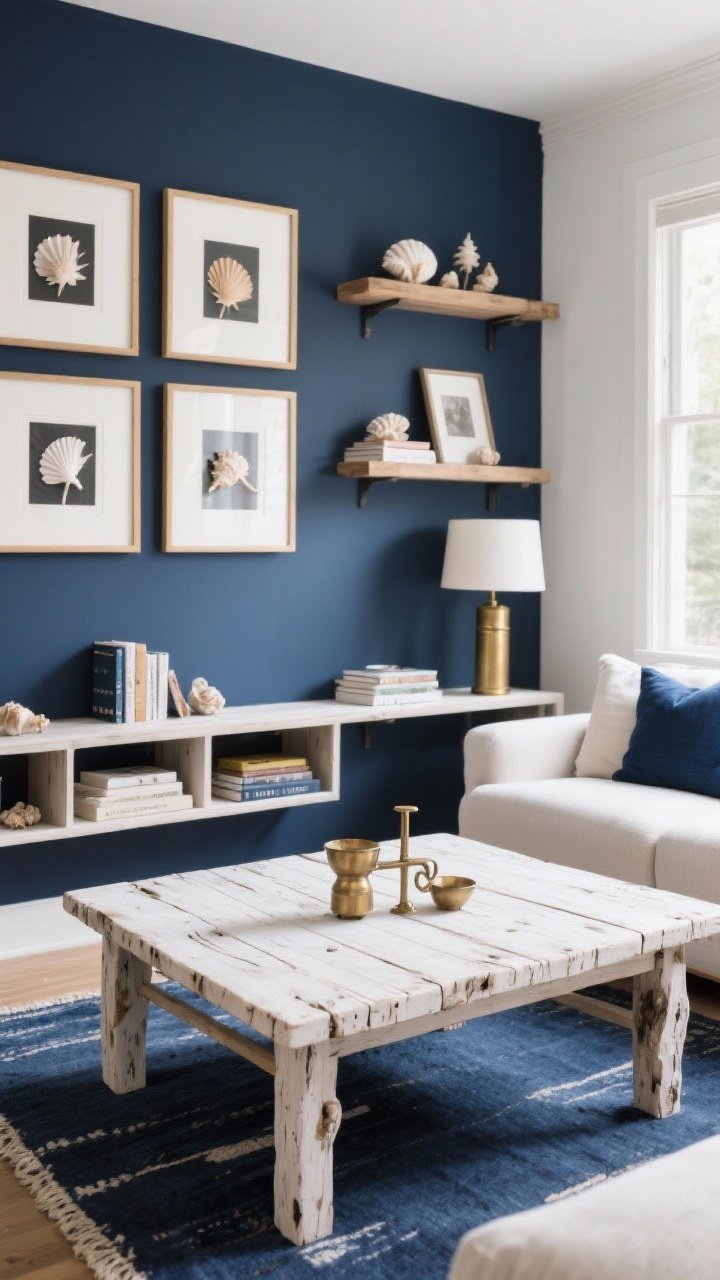Medium shot: A living area vignette pairing navy with weathered woods—whitewashed pine coffee table with raw edges and light grain, bleached wood picture frames on the wall, and floating shelves displaying shells, books, and small treasures; navy accents in a rug or cushion; hardware and lamp details in brushed brass for warmth; bright, natural lighting, photorealistic.