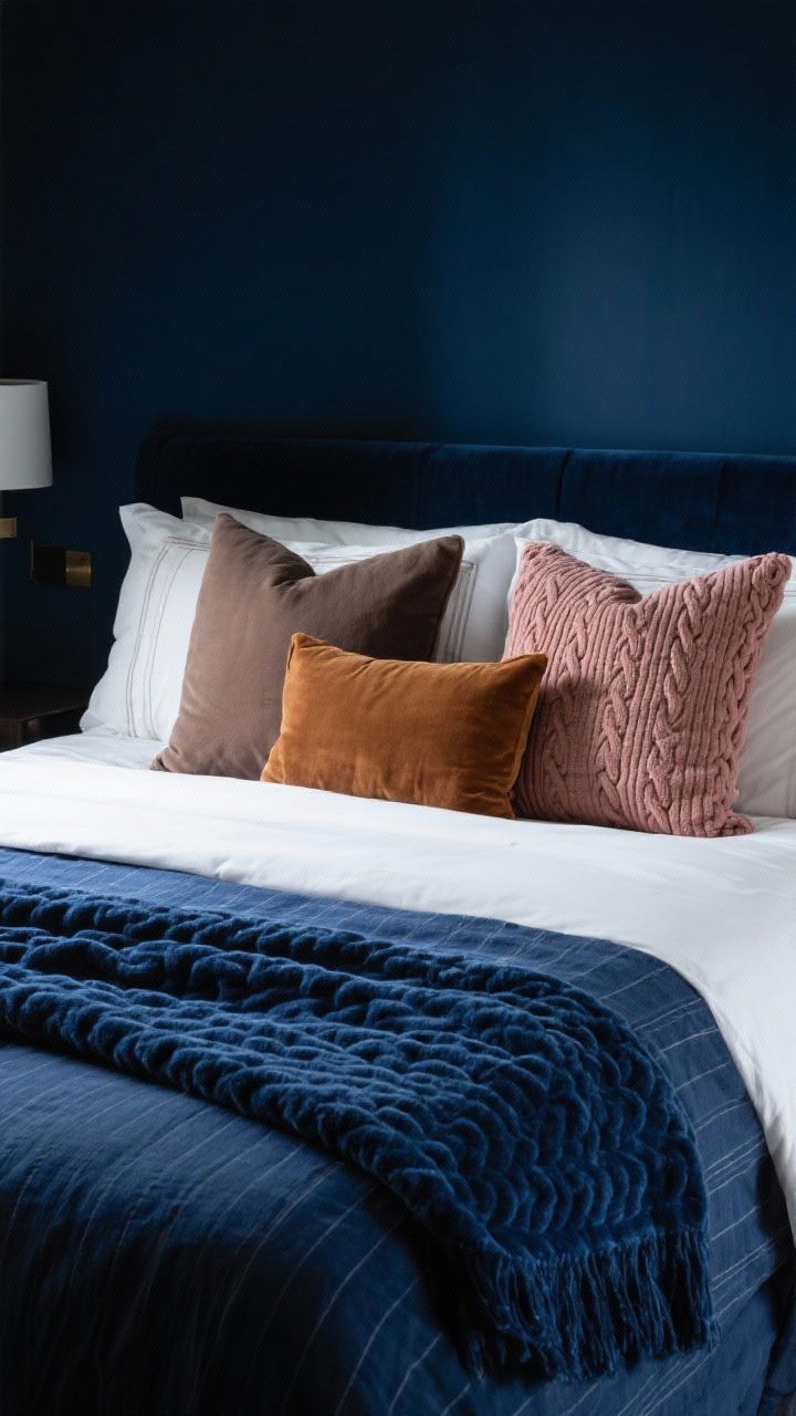 Medium shot: A moody dark blue bedroom backdrop with a bed layered like a hotel suite—crisp white sheets, a navy linen duvet, a sapphire velvet throw draped at the foot, pillows in taupe, cinnamon, and dusty rose, plus a chunky cable-knit blanket for texture; minimal patterns like subtle pinstripes; soft, diffused natural light highlighting the rich textures.
