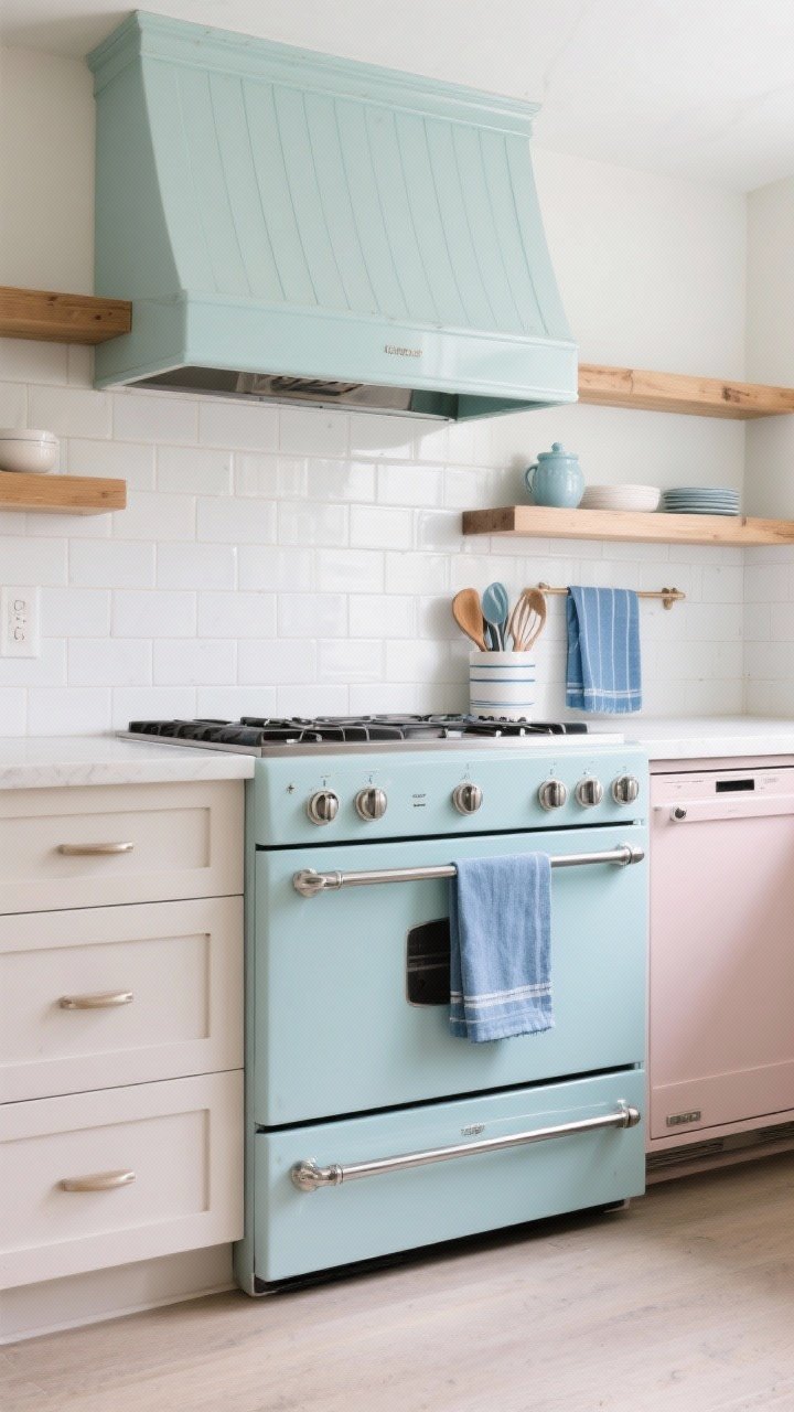 Medium shot: A neutral kitchen anchored by a statement powder blue range with chrome hardware as the focal point. Surrounding finishes are restrained: stacked white subway tile backsplash, pale counters, and natural wood shelves. Subtle echoes of blue in tea towels and a utensil crock, while the rest stays neutral. Include a budget-friendly nod with a mint enamel range hood or a panel-ready dishwasher painted blush off to the side. Three-quarter angle, soft even daylight, photorealistic.