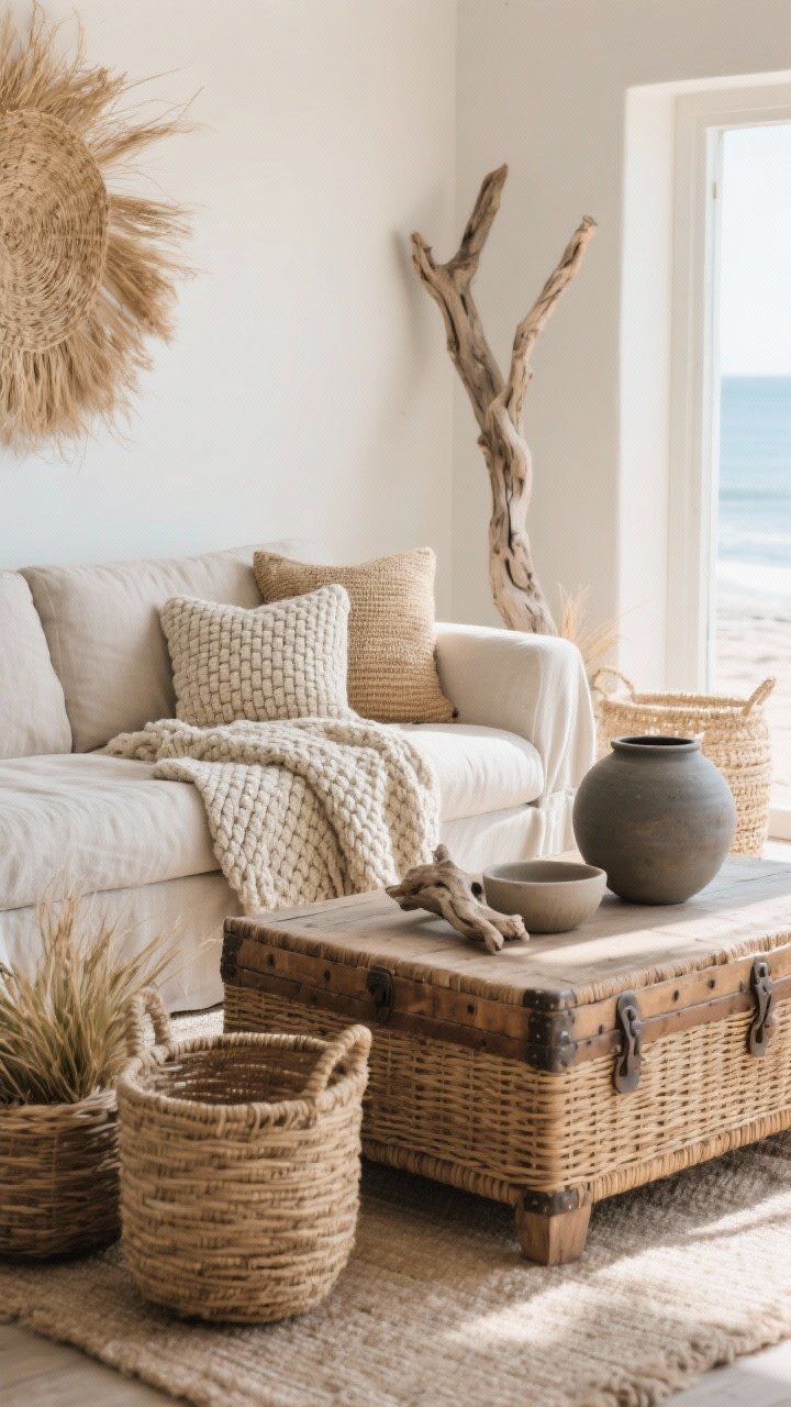 Medium shot: A relaxed seating area styled with layered natural textures—linen slipcovered sofa paired with a chunky knit/waffle throw, a rattan trunk used as a coffee table, matte pottery beside woven baskets; seagrass and jute elements visible, a driftwood accent on the trunk; mixed smooth and rough finishes for visual contrast; soft afternoon natural light from the side emphasizing texture; casual yet elevated coastal vibe.
