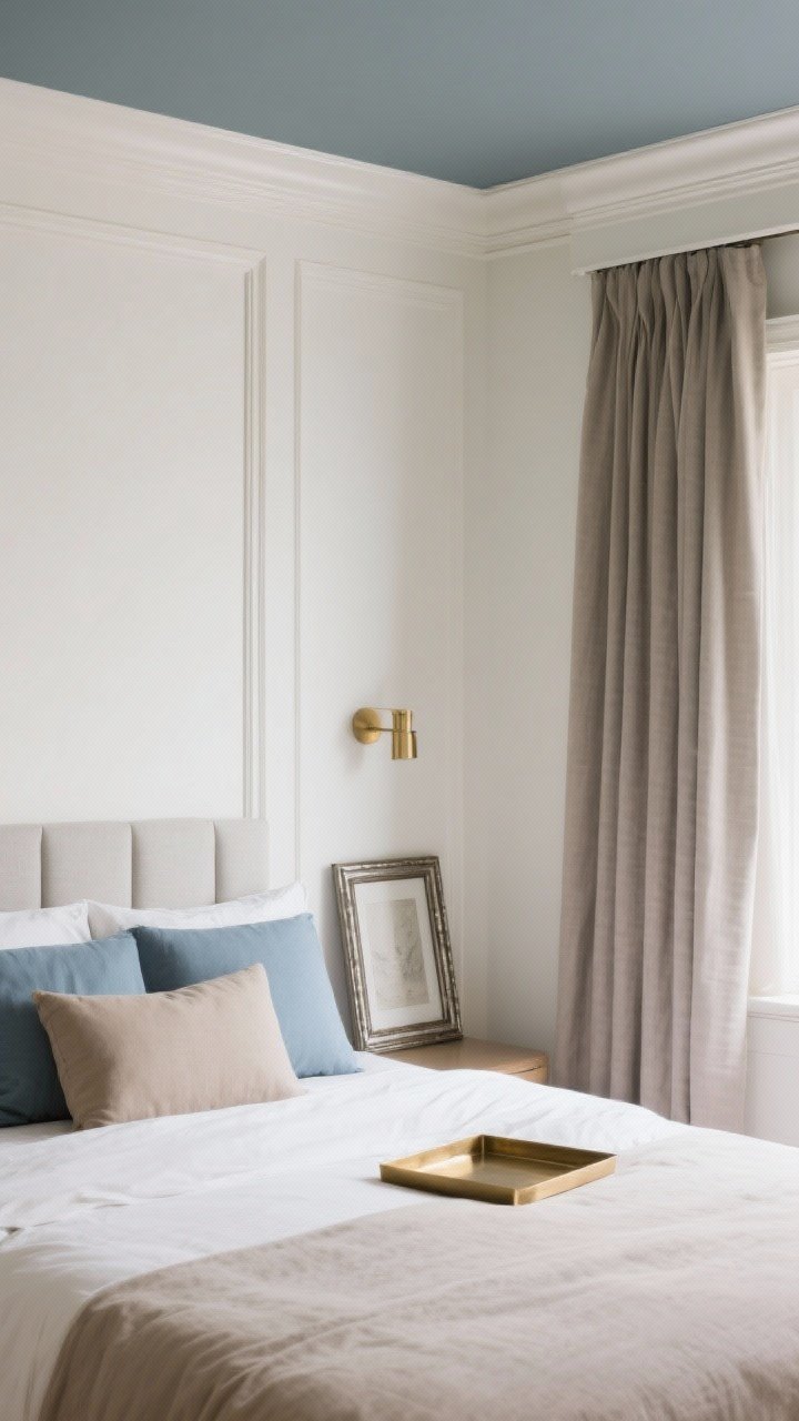 Medium shot: A serene bedroom corner showcasing a soft, cohesive palette—warm white walls in matte finish with a ceiling painted a half-tone darker; bedding and drapery in greige, mushroom, and soft taupe with accents in muted blue; slim brass elements as metallic moments (a small brass tray and aged nickel frame); satin-finish trim gently contrasting the walls; calm mood, photorealistic.