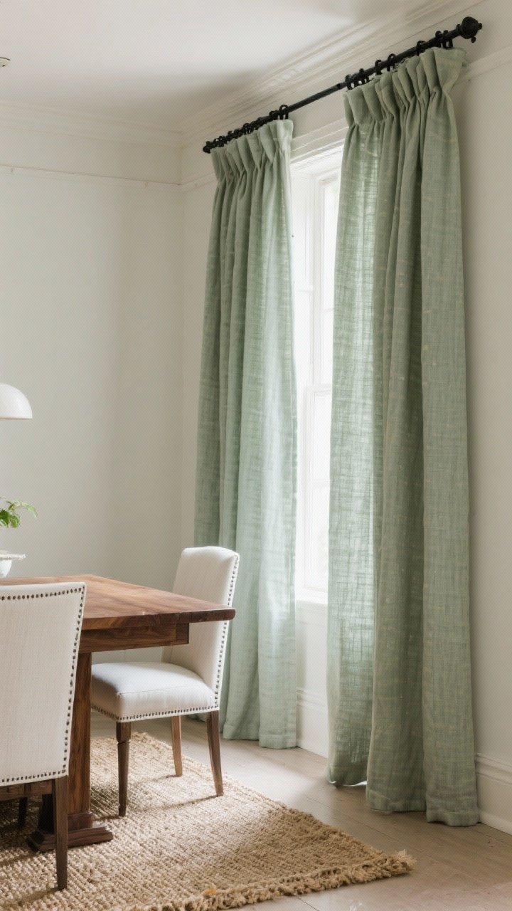Medium shot: A serene dining room corner with sage washed linen curtains in pinch pleat headers, unlined for a breezy European look, hanging from matte black hardware. The curtains frame a walnut wood dining table and ivory upholstered chairs, with natural afternoon light highlighting linen’s slub texture. Add a jute rug underfoot for earthy balance. Photorealistic, calm mood.