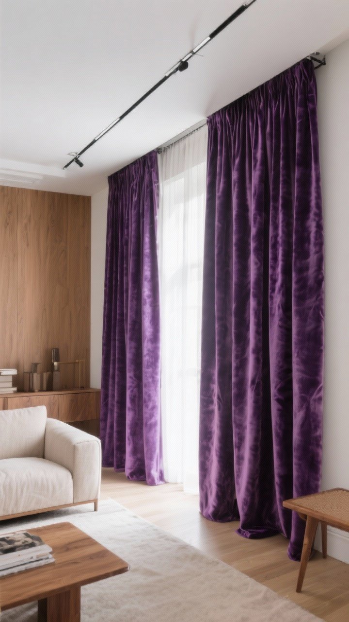Medium shot: A sophisticated living room scene with floor-to-ceiling lilac velvet curtains, fully lined for weight and drape, mounted on a sleek ceiling track system. Natural light grazes the velvet nap to show dimensional sheen, while the room balances with natural wood accents and a neutral linen sofa to keep it quietly luxurious. Sound-softened, photorealistic ambience.