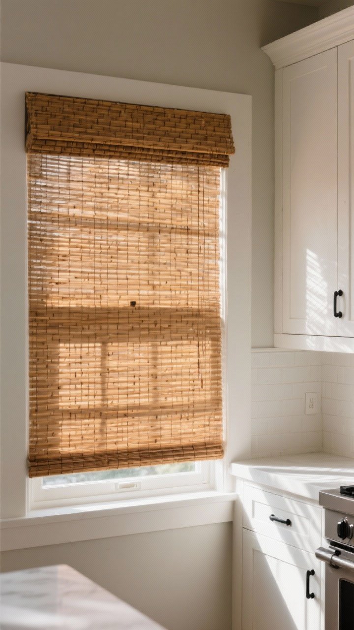 Medium shot, angled from a kitchen corner highlighting woven wood or bamboo Roman shades on a window; tighter weave for privacy with an integrated light-control liner; warm honey-brown texture contrasted against white cabinets and black hardware for high-contrast organic balance; optional simple valance softening the top line; late-afternoon sun casting gentle shadows through the weave; photorealistic, no people.