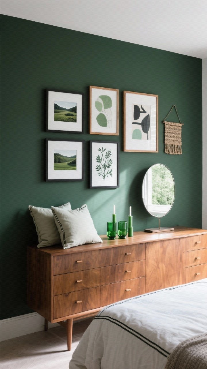 Medium shot: Art and decor that tell a story—mini-gallery over a dresser with 5 pieces in consistent thin black/oak frames: landscape photography and abstracts in moss, sage, and charcoal; botanical prints; a small woven textile piece; dresser top styled with green glass candles, pillows on the bed with contrast piping, and a rounded-corner mirror bouncing light off dark green walls. Photorealistic, slight corner angle, bright indirect daylight.