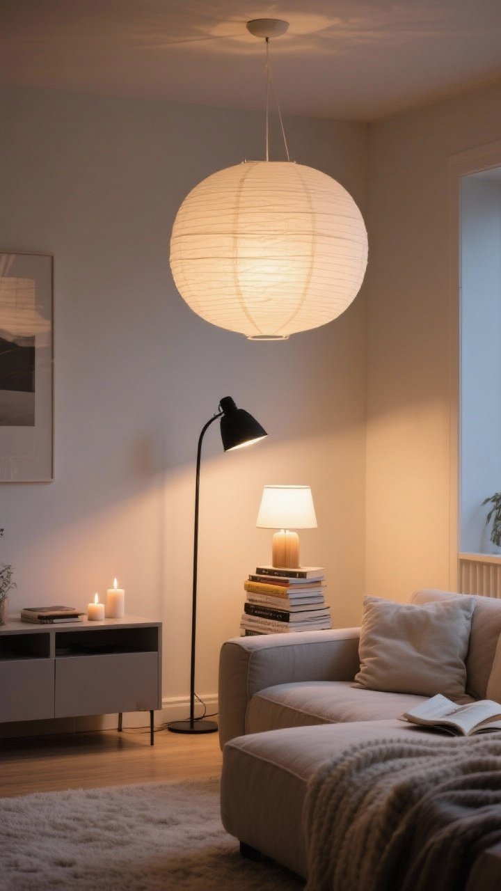 Medium shot: Cozy layered lighting in a Scandinavian living room during early evening—an overhead paper or fabric lantern softly diffusing light, a slim black floor lamp beside the sofa for reading, and a small table lamp on a stack of books adding warm ambiance. Include warm white bulbs at 2700K–3000K casting a soft, even glow, with a couple of lit candles for hygge on a console. Neutral palette, gentle shadows, straight-on composition.