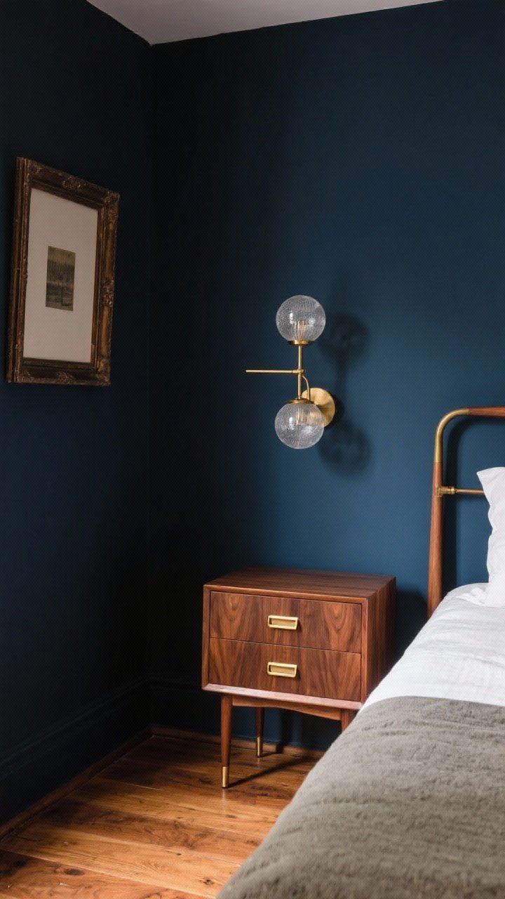 Medium shot: Dark blue bedroom corner showcasing contrast—walnut mid-century nightstands, a brass sconce with frosted globes above, and a dresser with brass drawer pulls; aged bronze picture frame on the wall; oak floor warms the palette; keep chrome and nickel out of frame; gentle warm lighting reflects softly on the warm metals without glare.