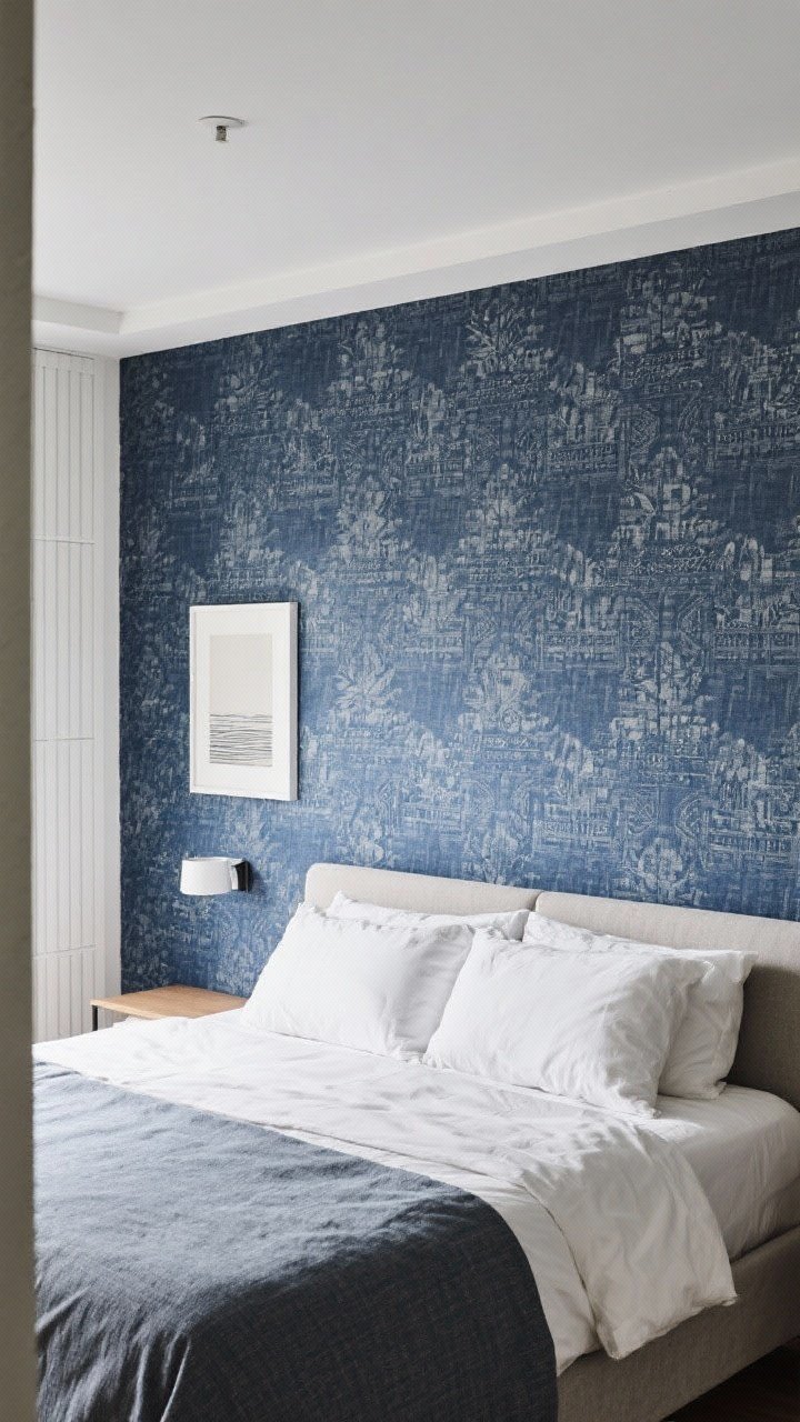 Medium shot: Feature wall behind the bed covered in navy wallpaper—either grasscloth for texture or a medium-scale geometric/chinoiserie print; low ceiling visually lifted with subtle vertical elements; simple, restrained bedding and minimalist art to let the wallpaper star; rental-friendly vibe with peel-and-stick realism; even, diffuse daylight that reveals paper texture and color depth.