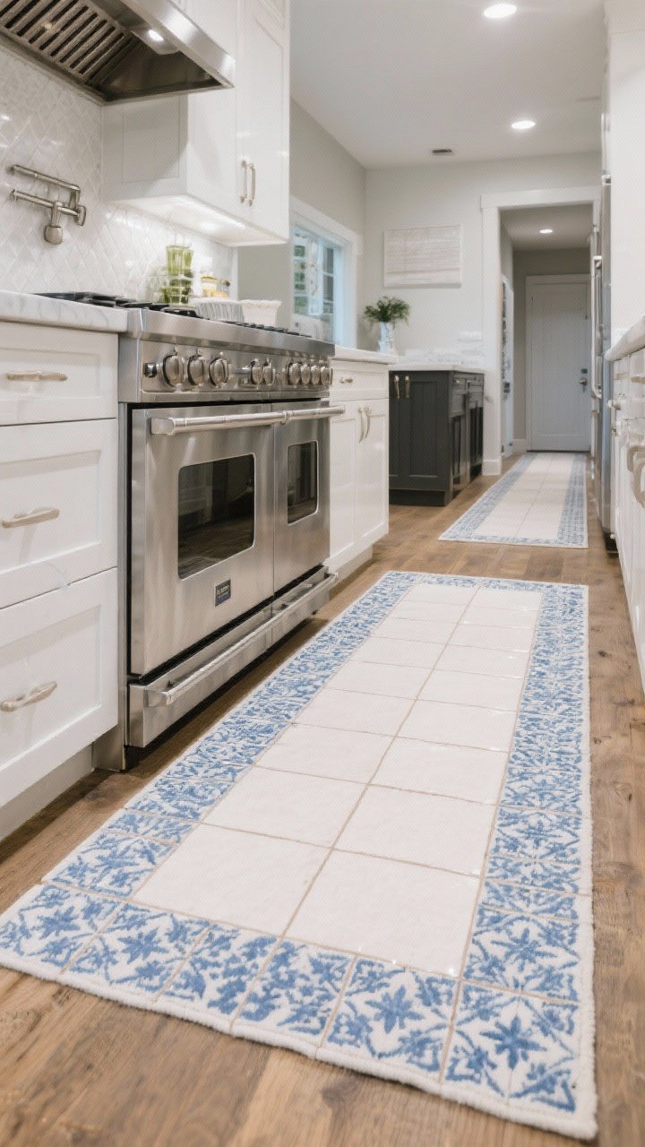 Medium shot focused on the cooking zone: a tile-look mat with matte finish in a Mediterranean blue-and-white motif centered in front of a stainless range, imitating encaustic tiles without grout. Secondary view down the aisle shows a matching runner creating a tiled-rug effect in a galley. Island-centered option hinted at in background. Specify PVC-free, low-VOC, soft underfoot. Angle: slight diagonal to highlight the printed grout lines; soft overhead light, no glare.