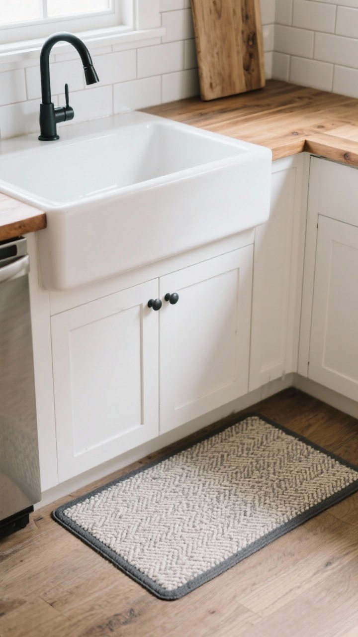 Medium shot from a corner angle: A cozy kitchen sink area where a slim, waterproof anti-fatigue mat in charcoal is layered under a low-pile flatweave rug in a simple, washable woven pattern (cream with fine heathered gray threads); the top rug slightly larger to conceal the mat edges; rug tape anchoring the corners flush to the floor; matte black faucet, butcher-block counter, and white subway tile backsplash; diffused daylight, photorealistic, comfort-forward composition.