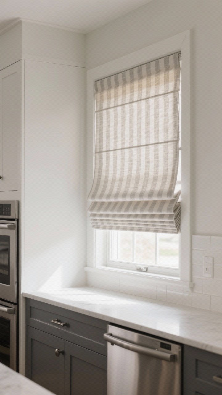 Medium shot from a slight corner angle of a modern kitchen window featuring Roman shades in a subtle tone-on-tone pattern (soft stripe or tiny check) in a washable cotton-linen blend; outside mount to visually enlarge the window; shade partially raised showing neat, structured folds; neutral palette (light gray or warm oatmeal) complementing stainless appliances and matte hardware; crisp, tailored lines with precise measurements evident; natural daylight, photorealistic, no people.