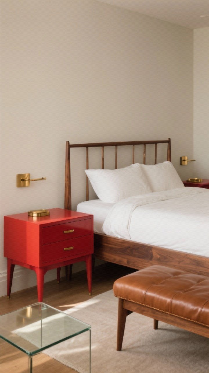 Medium shot: Furniture and finishes that flatter red. A substantial walnut bed frame with open legs, slim silhouettes to keep the room airy, brass hardware on nightstands (antique brass tone), and a cognac leather bench at the foot of the bed. A single lacquered red nightstand as the “moment,” with the rest in neutrals. Include a glass-topped side table to break up wood and color. Warm, balanced lighting; modern elegance without fuss.