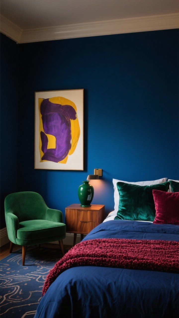 Medium shot: Jewel-tone accents against deep blue walls—bed dressed in navy with throw pillows in emerald velvet and wine-red boucle, a small moss-green accent chair, abstract art featuring plum and saffron tones, and a deep-green ceramic vase on a walnut nightstand; warm, cozy evening lighting to make the colors feel rich and cohesive.