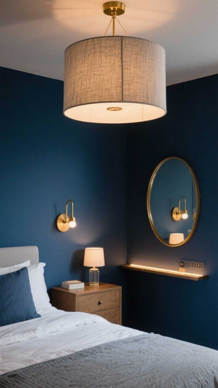 Medium shot: Layered lighting composition in a dark blue bedroom—overhead fabric drum fixture casting soft ambient glow, brass-framed bedside sconces freeing the nightstands, a petite table lamp on a dresser, and an LED strip subtly illuminating a shelf; warm 2700–3000K bulbs; a brass-framed oval mirror above the dresser bouncing light; dimmers implied by gentle gradation of brightness.