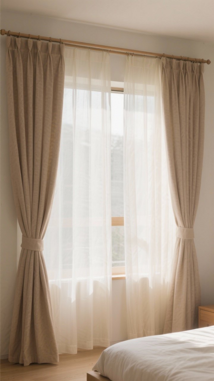 Medium shot of a bedroom window showcasing layered curtains: front layer is an airy sheer in warm white/bone, back layer is a coordinating mushroom-toned linen-blend blackout; mounted on a clean double-rod/track so both layers glide smoothly; morning light diffused through the sheers while blackout peeks from behind; pleated headings matched on both layers for cohesive look; calm, practical Japandi mood, straight-on perspective.
