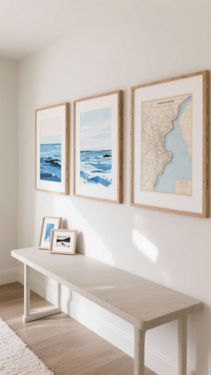 Medium shot of a gallery wall and console featuring budget-friendly coastal art: a trio of coastal-inspired prints—soft seascape landscape, abstract blues, and a vintage seaside map—framed in natural wood and crisp white, with oversized mats to elevate the look; a row of three small abstract blue brushstroke DIY pieces aligned for a gallery vibe; a neutral console beneath holding a few frames and a black-and-white printed beach photo; soft natural daylight, neutral backdrop, straight-on perspective, photorealistic.