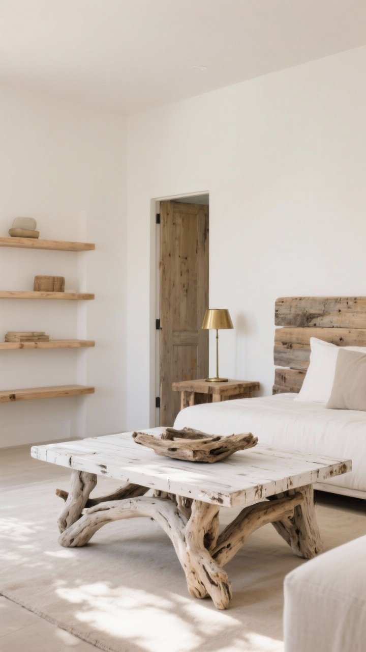 Medium shot of a living area vignette highlighting organic woods and weathered finishes: reclaimed driftwood-style coffee table with bleached, sun-faded patina, whitewashed open floating shelves in light oak holding minimal decor, a weathered wood headboard visible through an open doorway; one polished element—a brass lamp—adds contrast; neutral backdrop with whites and sandy tones; gentle afternoon light grazing the wood textures; curated, not shipwrecked, photorealistic.