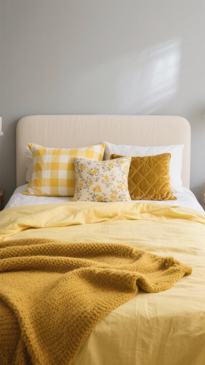 Medium shot of a neatly made bed where the bedding is the star: pale yellow linen sheets, a sunny yellow duvet, a deeper mustard knitted throw layered at the foot; patterned yellow-and-white gingham shams mixed with a micro-floral lumbar pillow; textures visible—matelassé quilted detail and velvet accent pillow; base kept neutral with soft gray walls and a simple cream upholstered headboard; soft diffused daylight; photorealistic, no people.
