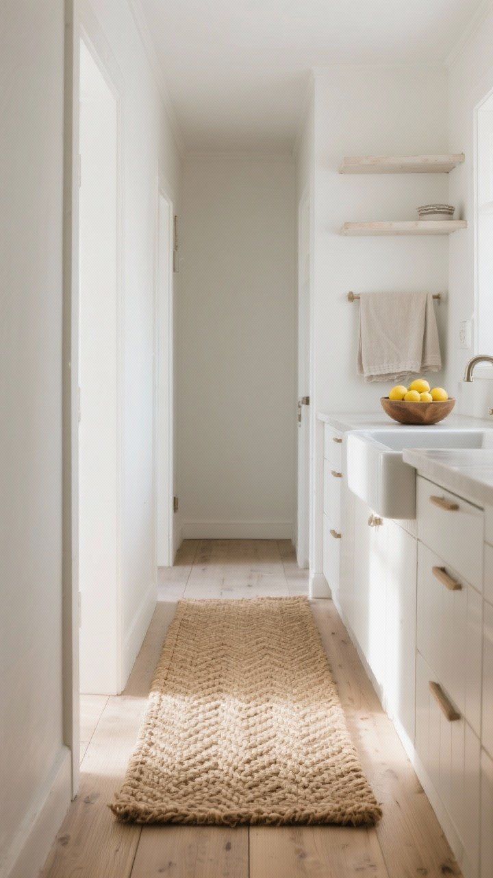 Medium shot of a Scandinavian-inspired kitchen walkway with a natural fiber runner in jute/sisal tones, subtle herringbone weave, latex backing for grip. Layer a small flatweave cotton or washable mat in oatmeal at the sink for practicality. Neutral wood floors, white walls, simple open shelving with linen towel and a bowl of lemons on the counter for organic warmth. Angle: 3/4 corner view emphasizing texture; gentle afternoon light raking across the fibers.