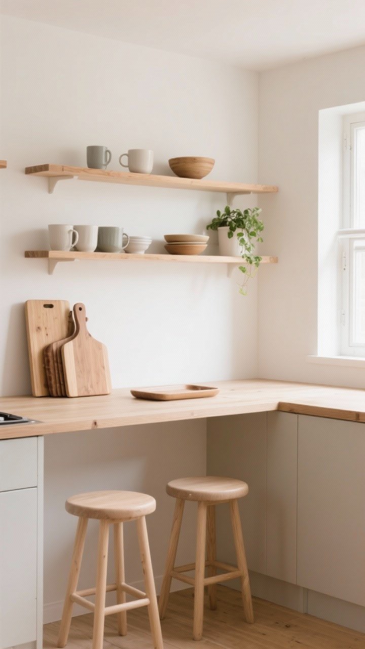 Medium shot of a Scandinavian kitchen wall with light oak/birch open shelves holding mugs, bowls, and a small plant; pale walls in warm white; butcher block elements visible as a stacked cutting board set and a simple tray; two simple light wood stools with clean lines at a compact island; all wood finishes matte or satin, no gloss; soft natural daylight from side window, corner angle for warmth and depth