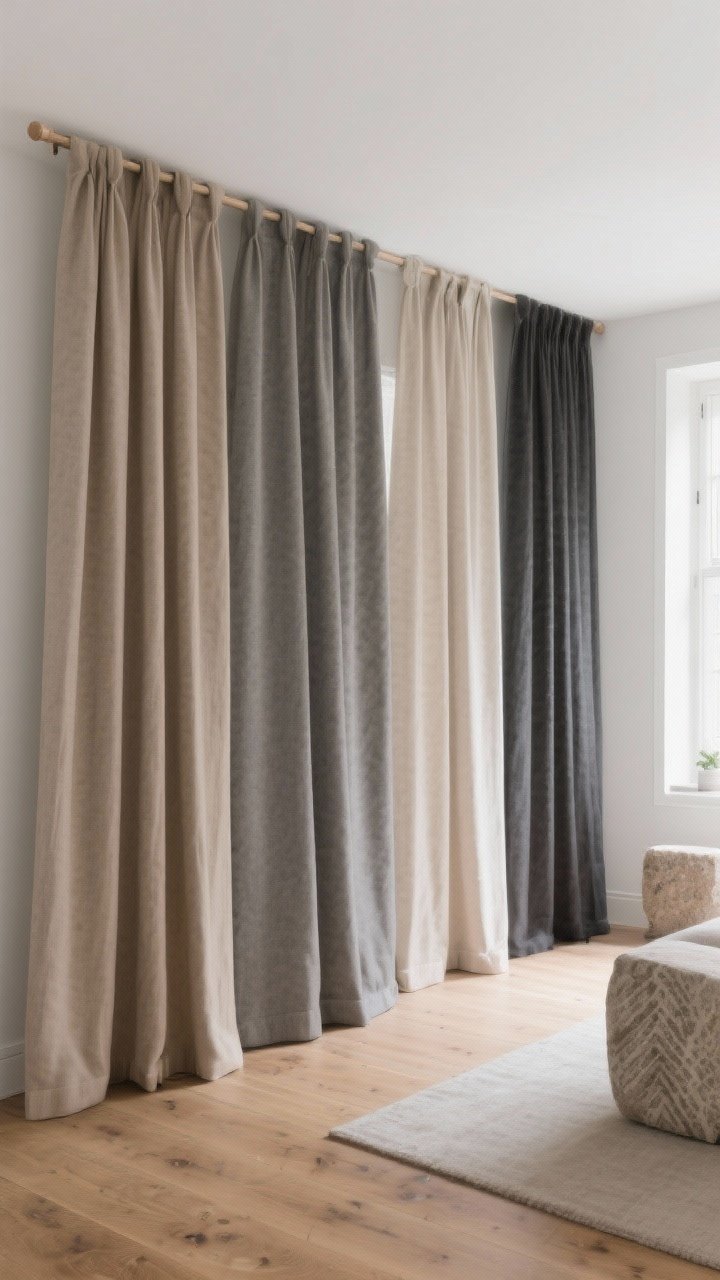 Medium shot of a serene living space with nature-inspired curtain palette: four adjacent floor-length panels on one rod in Warm Bone, Stone Grey, Mushroom Taupe, and Soft Charcoal, each panel slightly separated to show the tonal range; natural wood floors and soft stone elements nearby; indirect daylight creating a restful atmosphere; minimal decor, no loud patterns; straight-on view that suggests the slightly darker panel grounding a bright Scandi-leaning room.