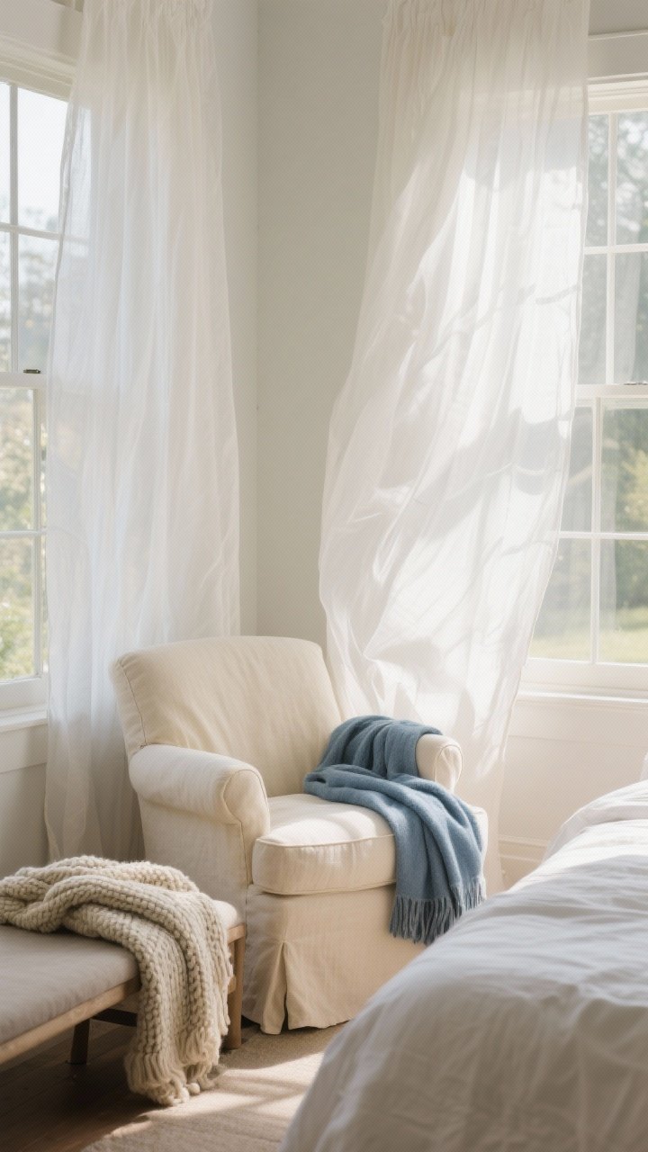 Medium shot of a sunlit window wall dressed in breezy fabrics: sheer white linen curtains billowing slightly, a slipcovered linen armchair in warm ivory, cotton throw in layered blues draped over the arm, chunky knit throw folded on a nearby bench; percale bedding peeking into frame if in a bedroom context; soft, diffuse daylight pouring in for an airy feel; focus on lightweight, natural fabrics and movement, photorealistic, no heavy drapes.