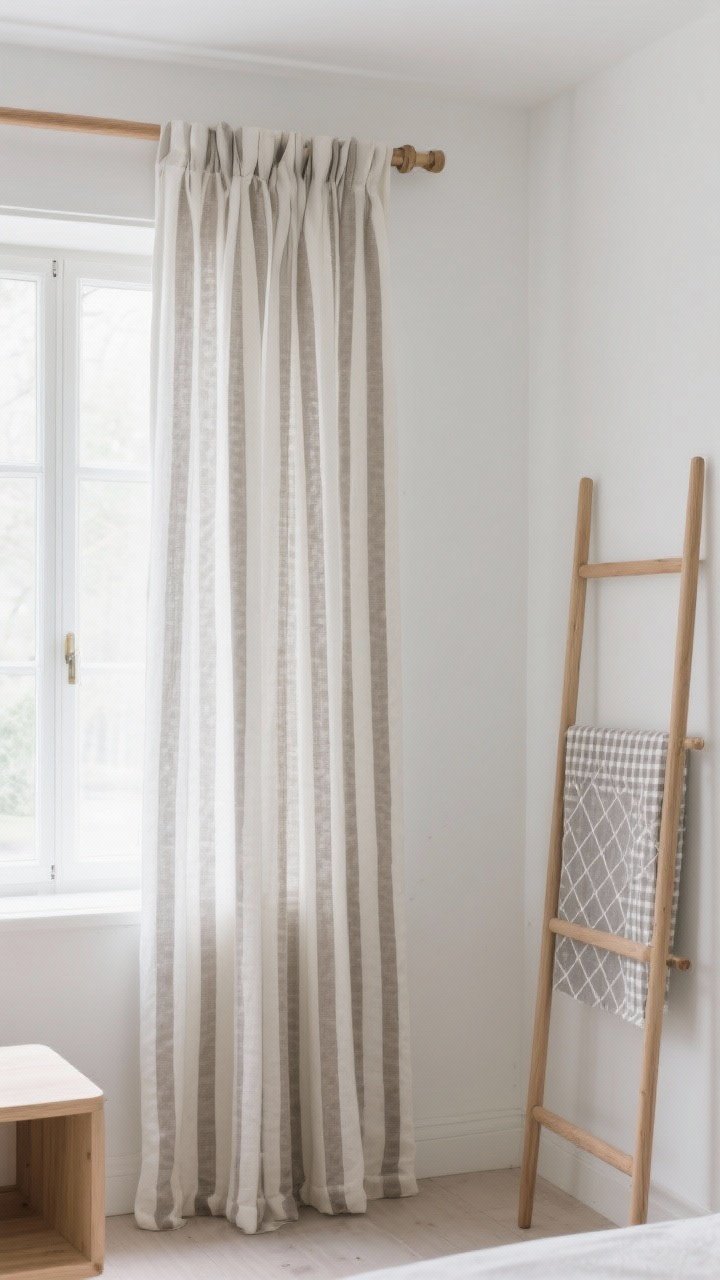 Medium shot of a window dressed in subtle, low-contrast patterned curtains: skinny vertical stripes in tone-on-tone warm gray on off-white panels that elongate the window; a second panel option nearby in mini gingham (stone gray) and a delicate geo (tiny tone-on-tone diamonds) displayed on a minimalist wood rack; clean Scandinavian room elements around—light oak rod, simple hardware—no heavy prints or florals, soft natural daylight