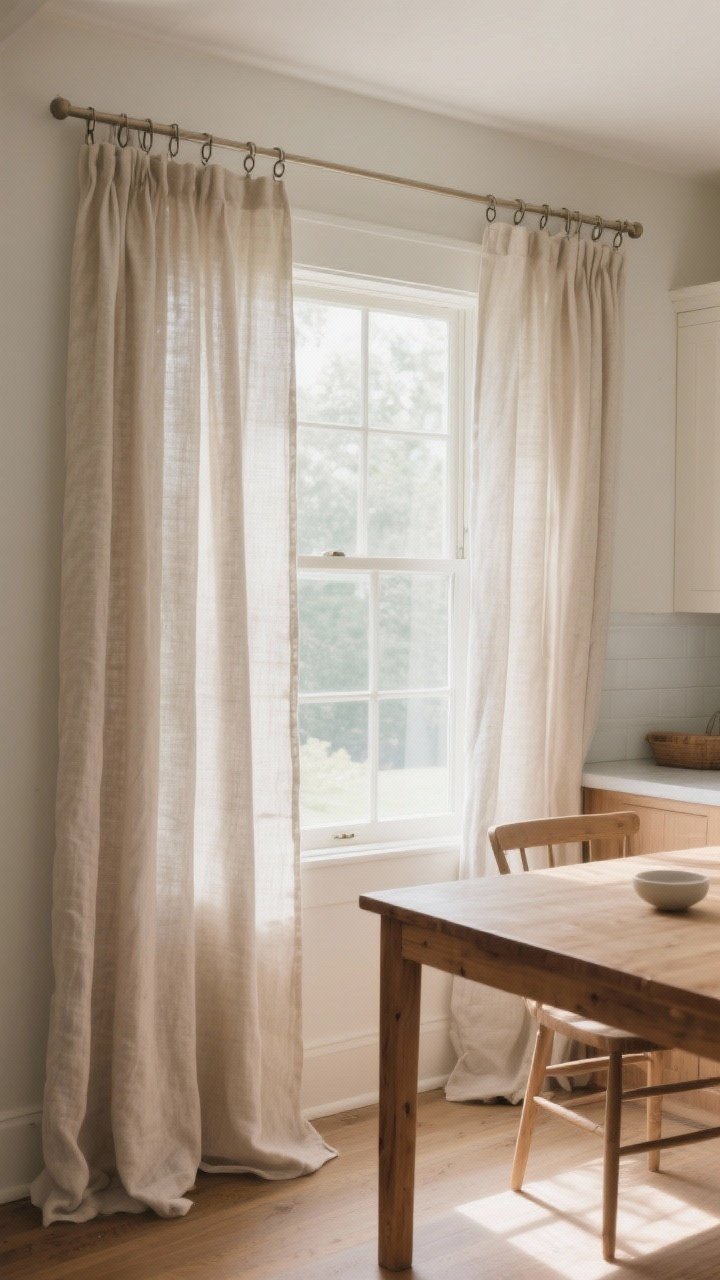 Medium shot of floor-length linen curtain panels framing a large kitchen window near an eat-in nook; pre-washed linen in neutral oat/sand/fog tones filtering light gorgeously; panels hung on a simple rod with clip rings for casual drape; hem finished to a kiss or 1/2-inch break above the floor to avoid puddling; warm natural wood table and minimalist decor; soft afternoon light for an effortless, elevated vibe; photorealistic, no people.