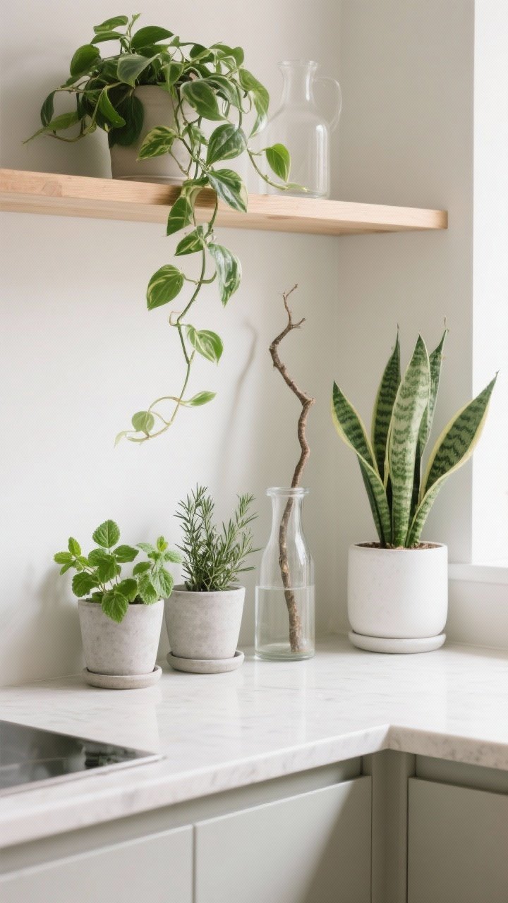 Medium shot of greenery in a Scandinavian kitchen: pothos or philodendron trailing from a light oak shelf, a trio of herb pots (basil, mint, rosemary) on a sunny ledge, and a snake plant or ZZ plant in a low-light corner; neutral planters in white, concrete, or matte ceramic; grouping in threes with varied heights; one tall statement branch in a glass jug on the counter; pale backdrop, soft natural daylight, corner angle