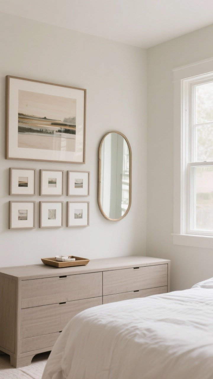 Medium shot of wall styling with art and mirrors: above the bed, one large framed piece sized about 60–75% of bed width, hung at eye level. Opposite a window, a simple framed mirror reflects light to enlarge the feel of the room. Over a dresser, a gallery grid of matching frames with a small tray vignette beneath. Consistent frame color family, neutral backdrop, soft daylight bounce, photorealistic.
