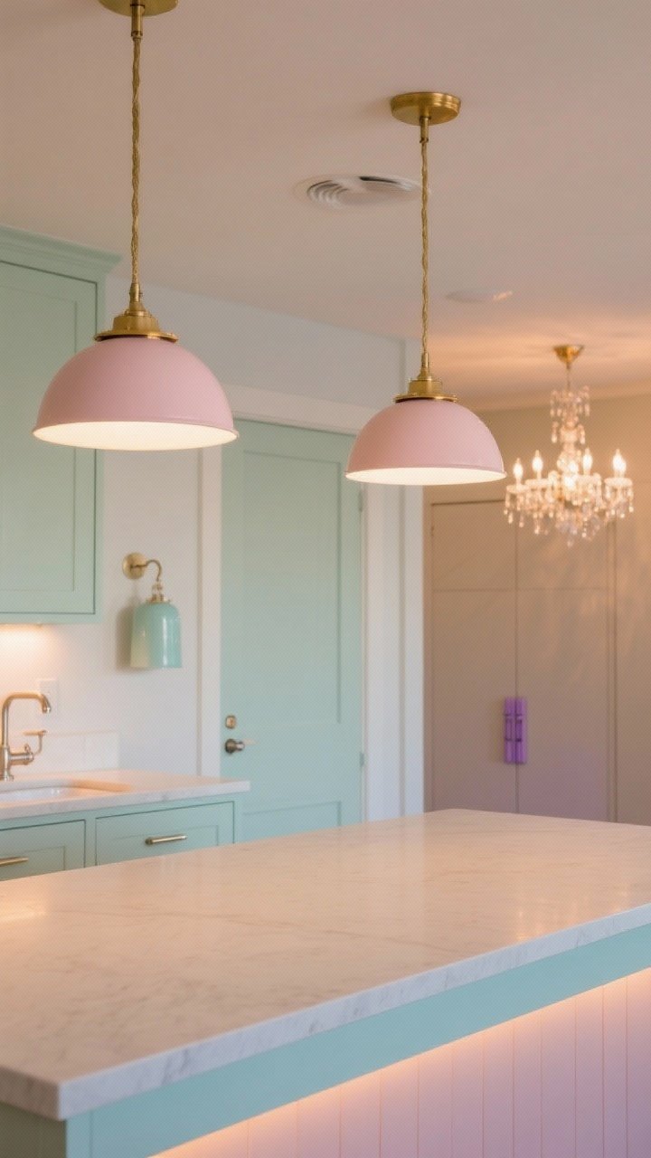 Medium shot: Pastel lighting and soft metals as the stars—two blush dome pendants with brass canopies over a neutral counter, a mint enamel sconce on the wall near the sink, and a subtle pastel-coated chandelier in the background. Coordinated finishes: blush + brass, mint + polished nickel; a hint of lavender hardware on a pantry door for contrast. Under-cabinet lighting glows warmly (2700–3000K), enriching cool pastels; include a pastel-painted toe kick as a playful accent. Straight-on view, evening warm ambience, photorealistic.