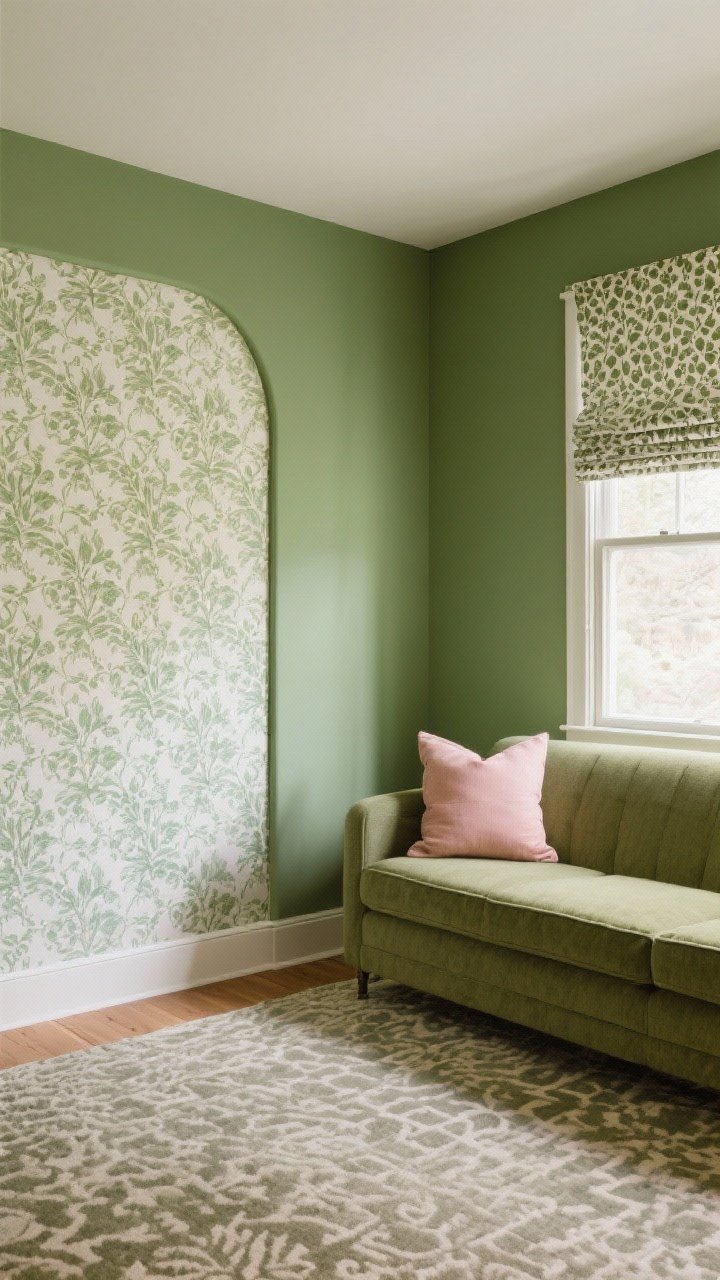 Medium shot: Pattern play kept chill—a single wall with subtle botanical wallpaper in moss and sage, solid green walls elsewhere; roman shades in a small-scale print, and a muted patterned rug grounding the room; palette held to two greens, a warm neutral, and a blush accent in a pillow; clear mix of one hero pattern, one supporting, one subtle texture. Photorealistic, straight-on, soft ambient light.