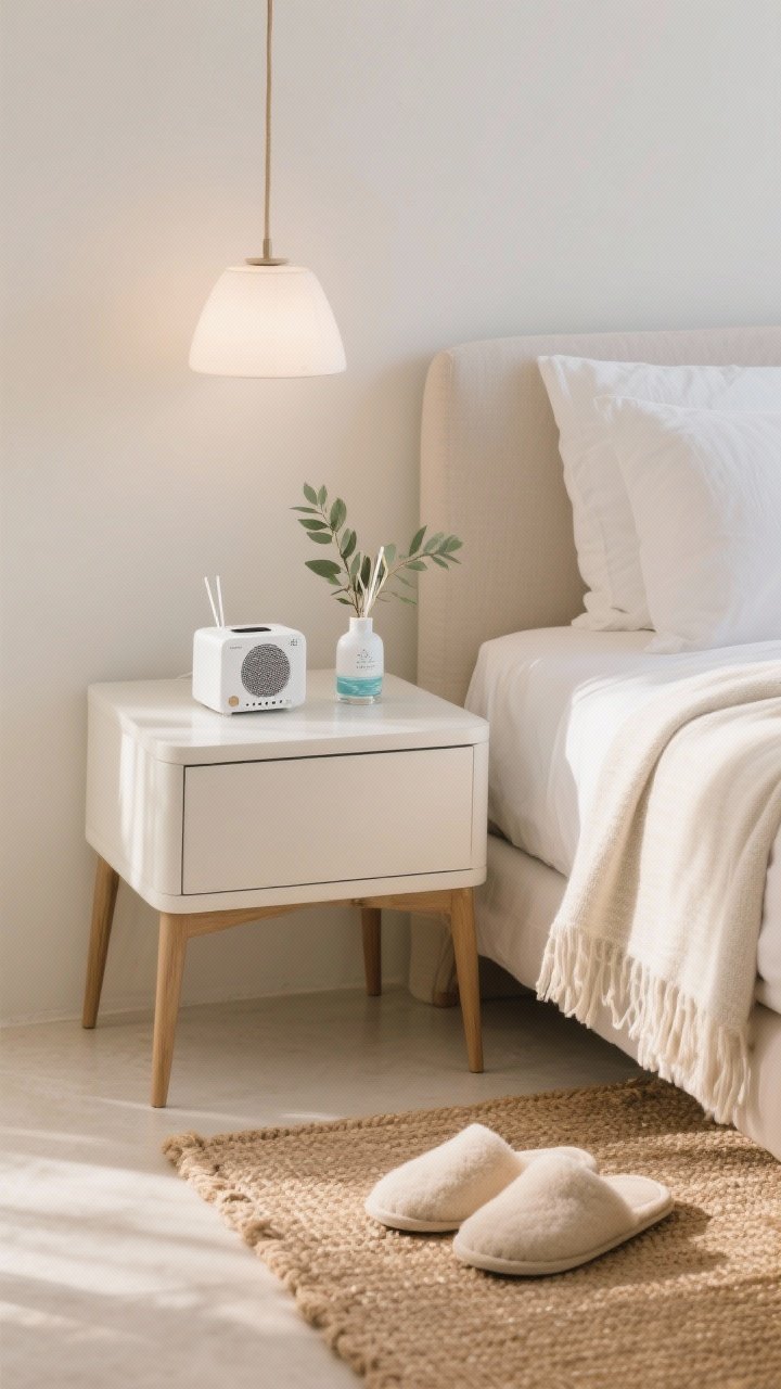 Medium shot: Sensory-focused bedside setup—a small diffuser emitting clean notes (sea salt/eucalyptus/coconut water/linen), a compact white-noise machine on the nightstand, a soft throw draped at the foot of the bed, and plush slippers on a nearby jute rug; relaxed, resort-like morning mood with gentle ambient light and a calm, uncluttered scene.