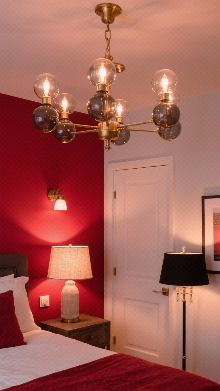 Medium shot: Statement lighting over a red-accented bedroom corner. A brass chandelier with smoked glass globes overhead, bedside table lamps with natural linen shades, and a small wall sconce/picture light for accent—layered ambient, task, and accent lighting. Bulbs set to warm 2700–3000K, reds appear rich, not pink. Include a dimmer switch visible near the door. Black-shade lamp option on one side for drama; warm, cozy evening glow.