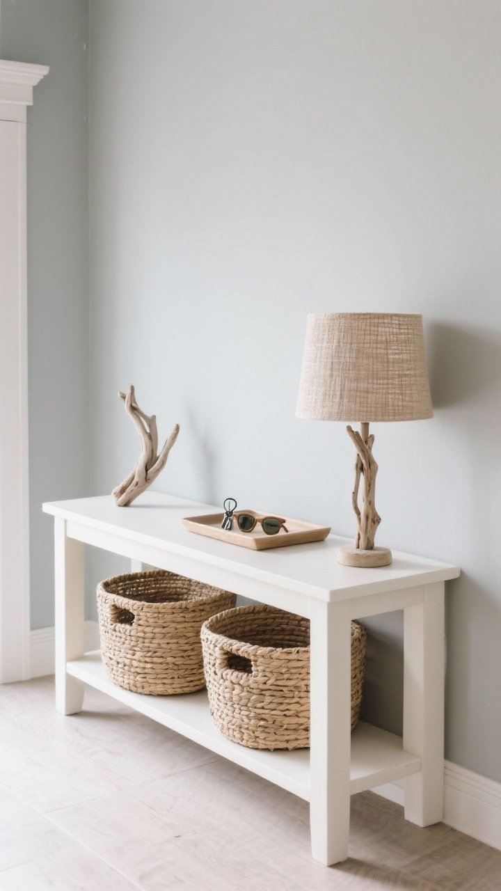 Medium shot, straight-on, of a hardworking console setup: a narrow console table in warm white matte, two woven baskets neatly tucked below; on top, a shallow tray holding keys and sunglasses, a small driftwood sculpture as the single decorative moment, and a lamp with a woven linen shade casting a soft coastal glow; pale gray walls, light floors; budget-friendly, clean and practical, photorealistic, no people.