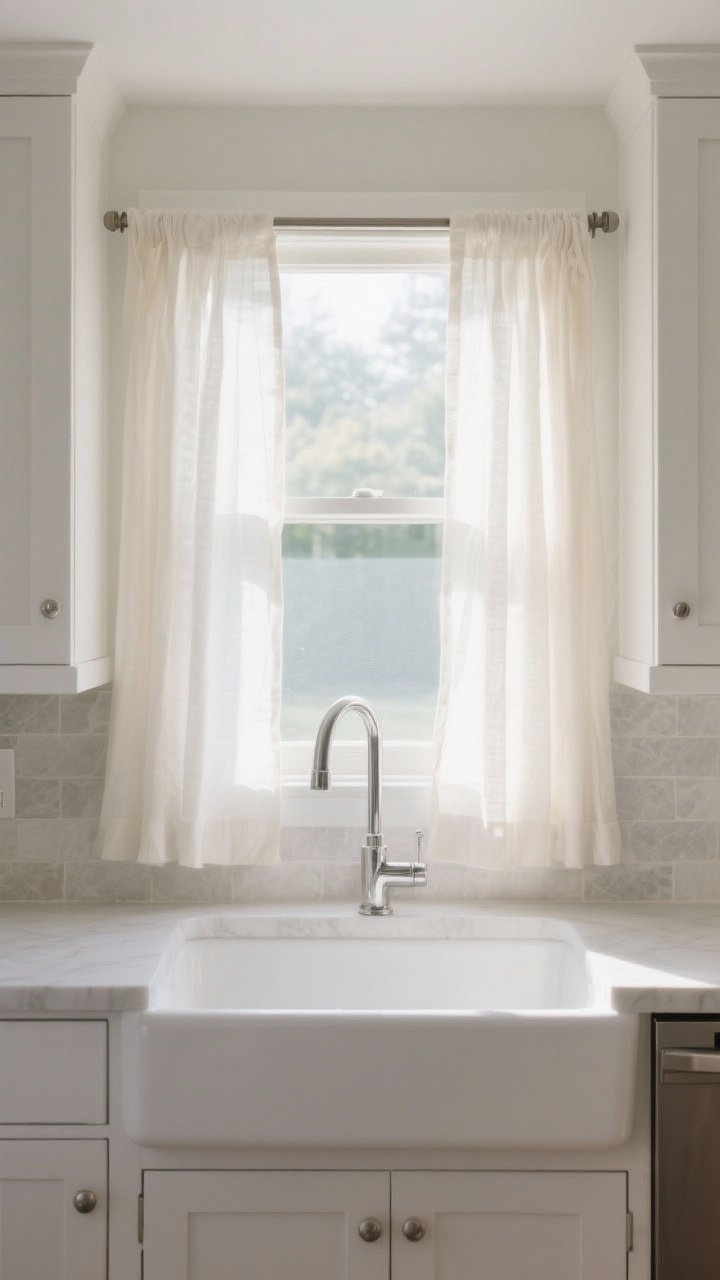 Medium shot, straight-on view of a bright kitchen sink window with sheer cafe curtains hung halfway on a slim cafe rod; lightweight white or pale-cream linen sheers softly diffusing strong morning light while the upper window remains uncovered; hem sits just below mid-window for a tailored finish; white shaker cabinets, simple chrome faucet, light stone backsplash; clean, minimal install with a tension or slim rod visible; cozy, airy mood with soft highlights, no people, photorealistic.