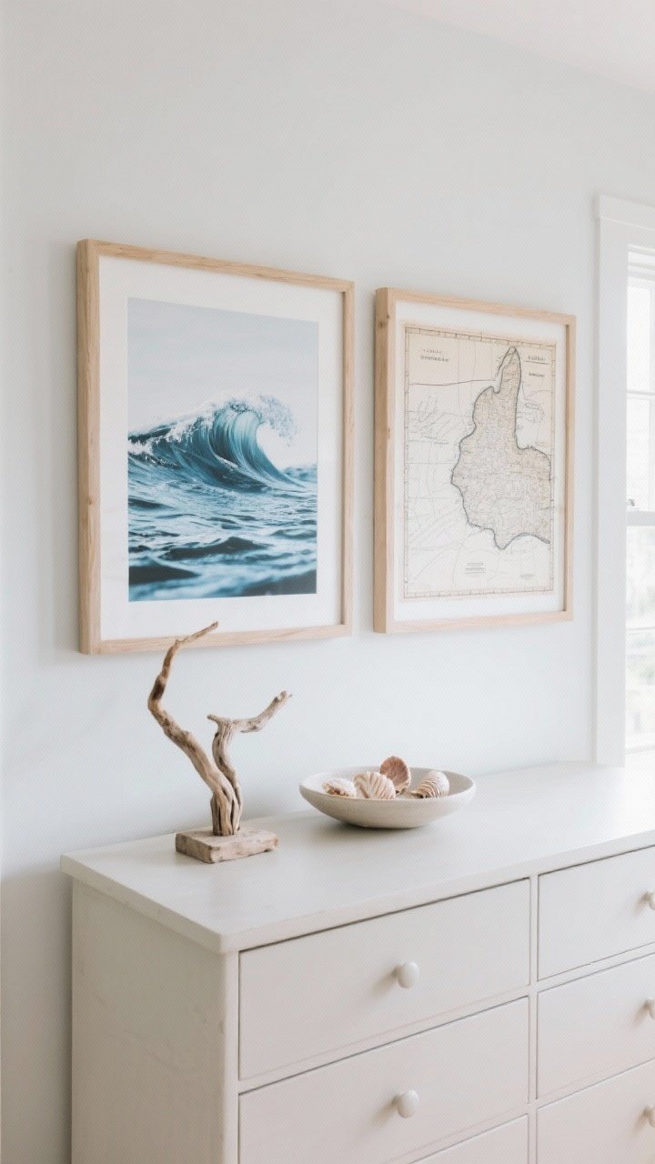 Medium shot: Tasteful coastal art wall above a dresser—affordable prints of abstract ocean waves and a vintage maritime map in light wood frames, paired with a small driftwood sculpture and a minimalist bowl holding a few edited seashells; color palette tightly in blues, whites, and neutrals; serene, non-kitschy vibe with even natural window light enhancing the art textures.