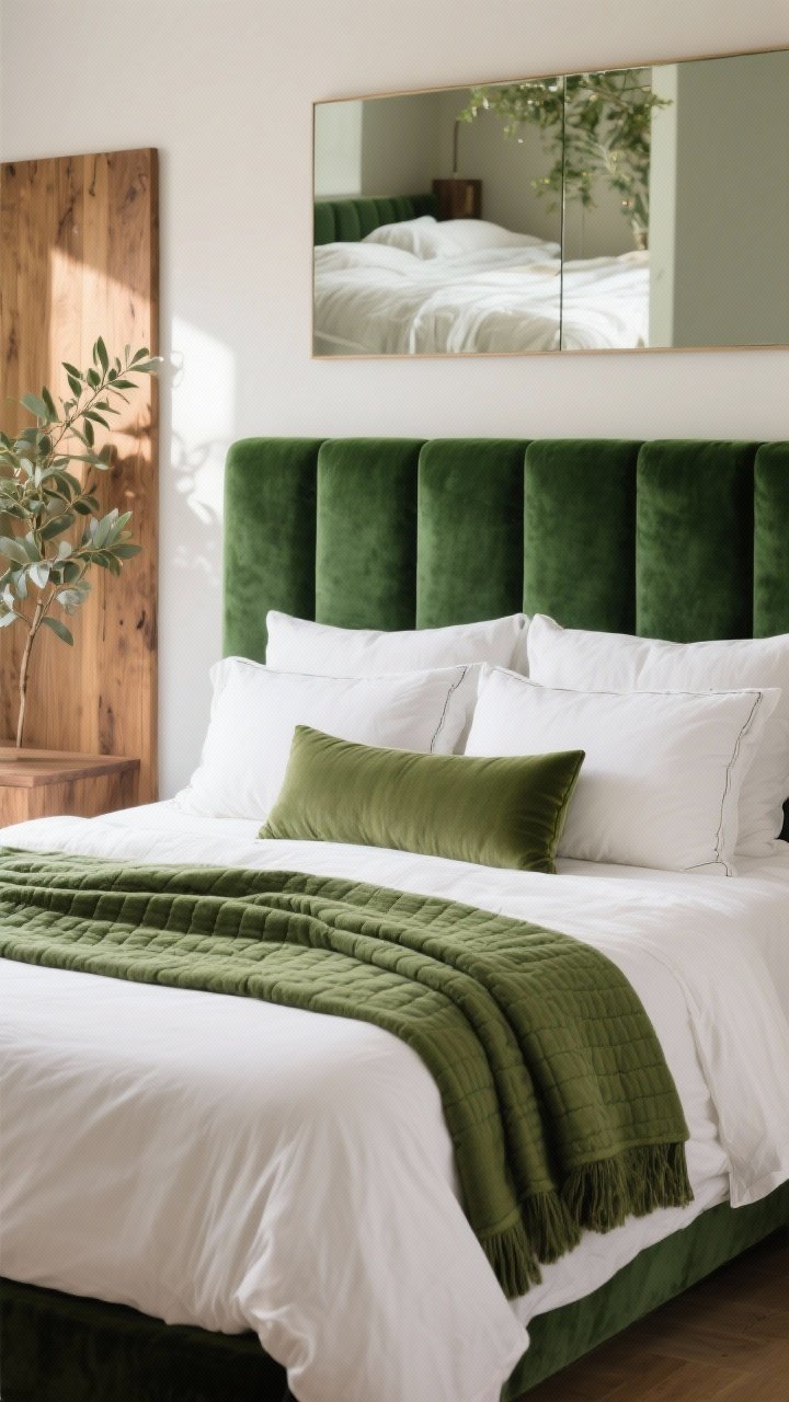 Medium shot: The bed as the star—an upholstered emerald velvet headboard with crisp white linen sheets, layered with a green quilt and a folded throw at the foot; pillow stack with two Euro shams, two standards, and a long olive lumbar for designer polish; optional second scene element: a natural wood headboard with eucalyptus bedding visible in a mirror reflection. Photorealistic, straight-on, warm afternoon light.