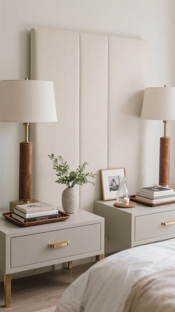 Medium shot: Twin nightstands flanking the bed, styled for function and elegance—a tray on each corralling a small stack of hardcovers; proportionate bedside lamps scaled to a tall headboard; one personal touch per side (a tiny vase with greenery on one, a single framed photo on the other); practical items like a carafe with coaster and hand cream; upgraded hardware with brass and leather pulls; tidy and uncluttered, photorealistic.