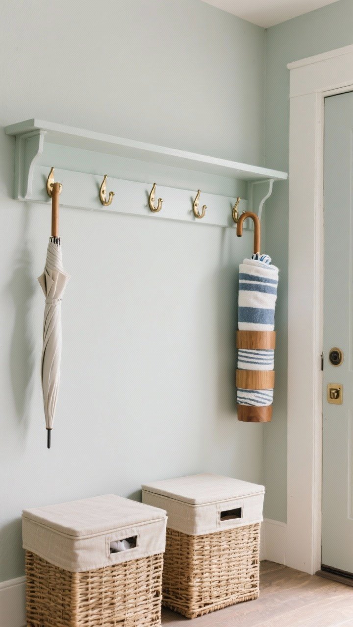 Medium, side angle of an organized entry wall with storage: a run of Shaker peg rails painted to match the wall color for a seamless look, installed high and low; a mix of brushed brass and wood wall hooks nearby; a slim umbrella stand used as a storage cylinder with rolled beach towels; a couple of closed lidded baskets below for hidden clutter; soft daylight, tidy and serene, photorealistic.